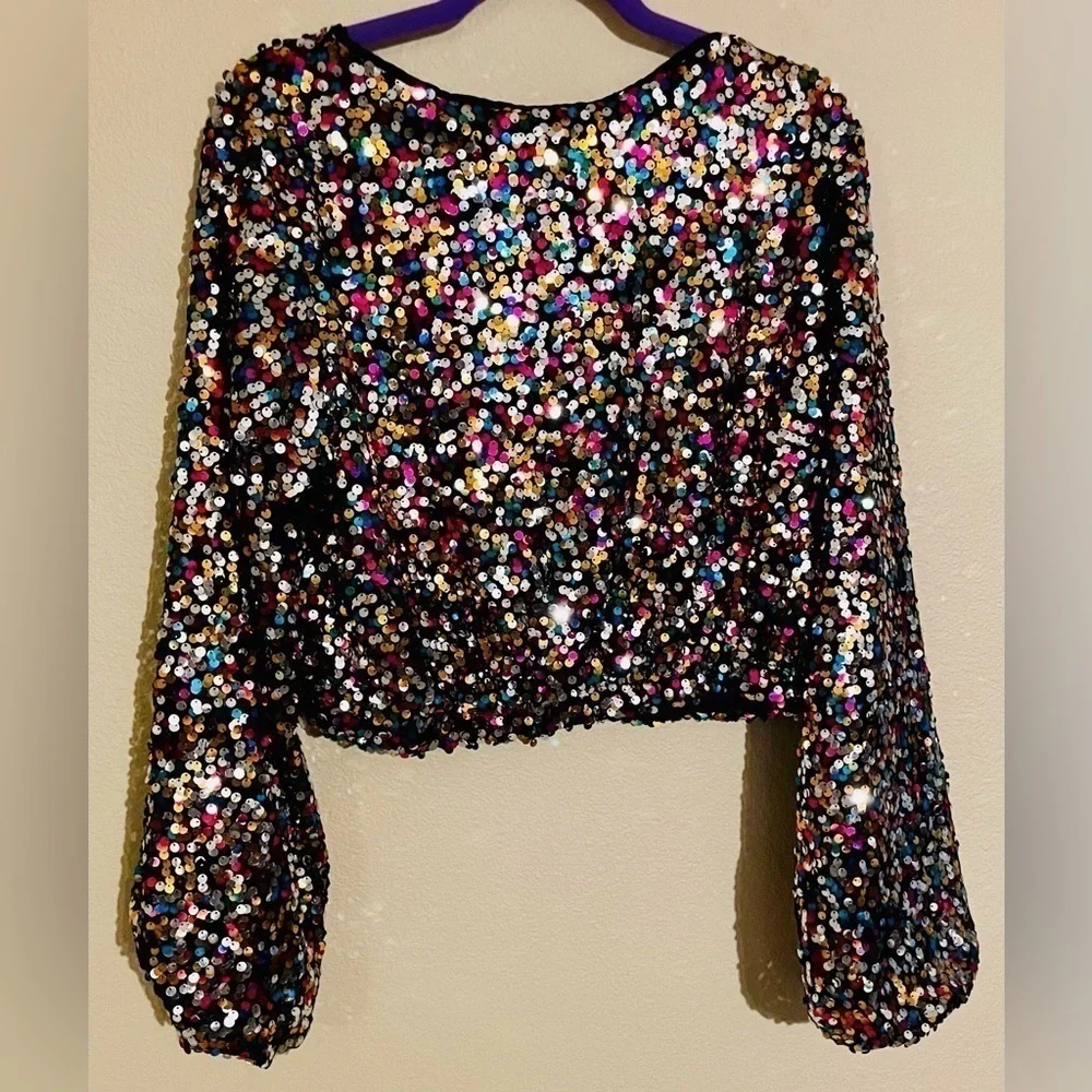 FULLY SEQUINED RAINBOW COLORED Cropped Blouse Sz XL Retro 70s Inspired Disco